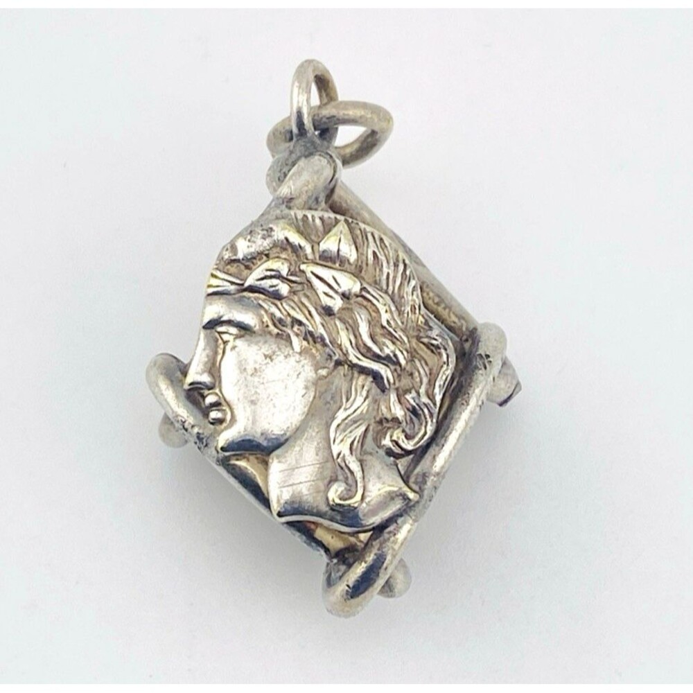 Antique Greco Roman Profile Silver Fob Pendant Laurel Crown Victorian